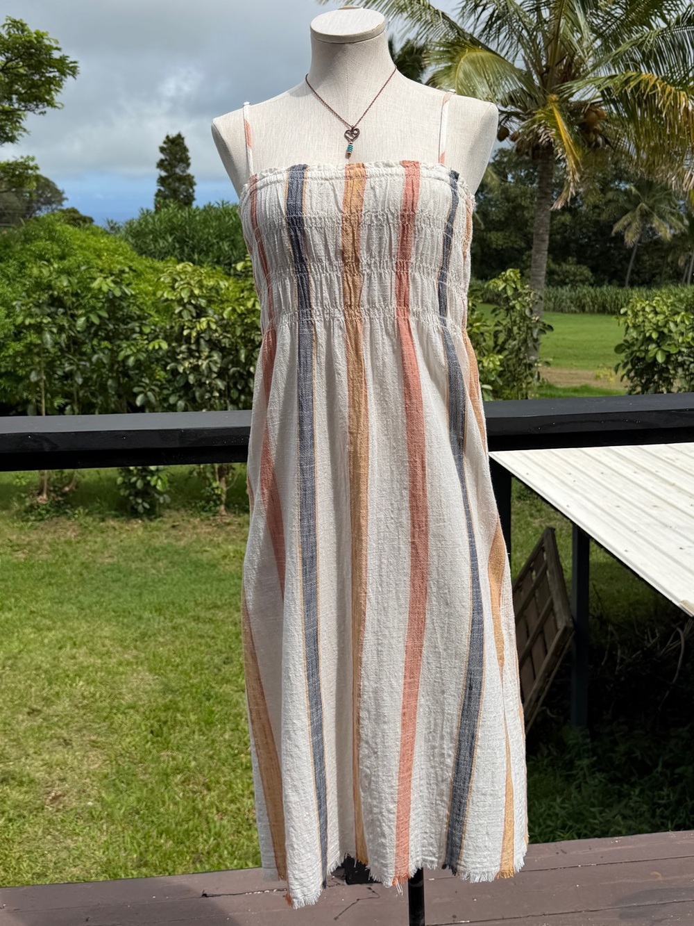 ✨O’Neill Striped Cotton Midi Sundress Medium Smocked altered length Beach Resort